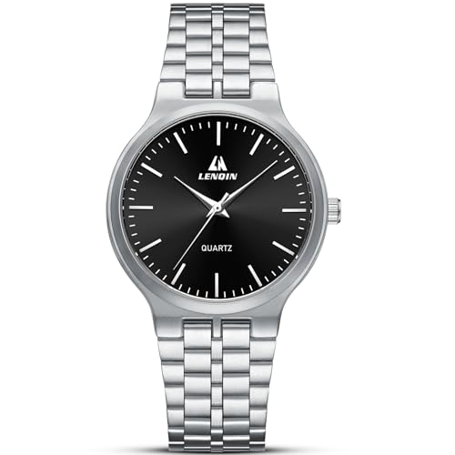 LN LENQIN Mens Stainless Steel Watches 30M Waterproof Ladies Analog Quartz Wrist Watches Gender-Neutral Minimalist Watch (Silver Black)