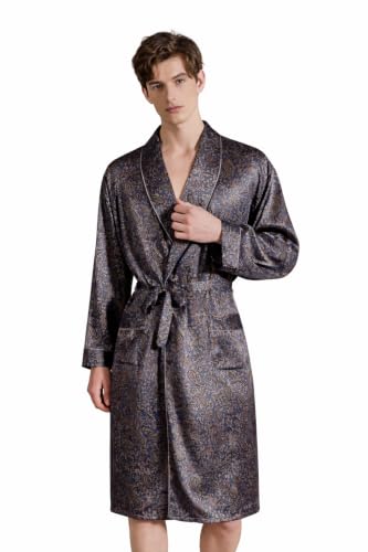Image of Men's 100% Mulberry Silk Long Robe Kimono Paisley Print Bath Robe, Heavy Silk 19 Momme Dressing Gown