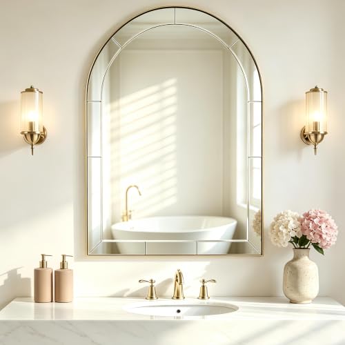 Image of MOON MIRROR Arched Mirror for Bathroom, Bathroom Mirrors for Over Sink, 30x40 inch Brushed Gold Non-Rusting Vanity Mirror in Brass Stainless Steel Metal Frame