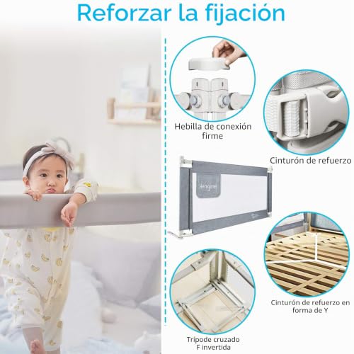 Barrera de cama para niños de 180 cm con elevación vertical gris para evitar caídas nocturnas 4