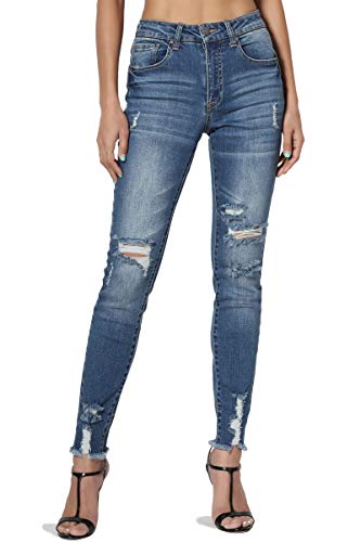 TheMogan Junior Vintage Distressed Washed Denim Mid/High Rise Rip Hem Skinny Jeans