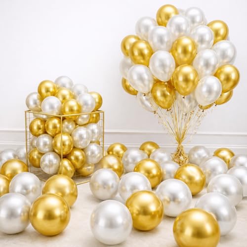 Image of 50 Pcs Gold White Metallic Chrome Balloons for Birthday Decoration Items Anniversary Baby Shower Girls Year With Latex Transparent Metallic Balloon Happy Birthday Decoration Set Kit Combo