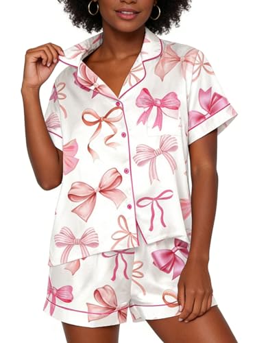 Image of Yiulangde Women's Easter Pajamas 2 Piece Sets Satin Short Sleeve Preppy Easter Eggs Bunny PJs Outfit Button Up Loungewear Set