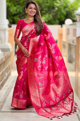 Image of Florely Women's Kanchipuram silk sarees Handloom Pure Golden Zari Saree For Women | Traditional Festive Wedding Party Saree | Ethnic Saree With Blouse Piece