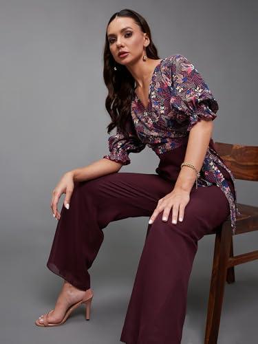Image of Miss Chase Women's V-Neck Half Sleeve Tropical Wrap-Styled Jumpsuit