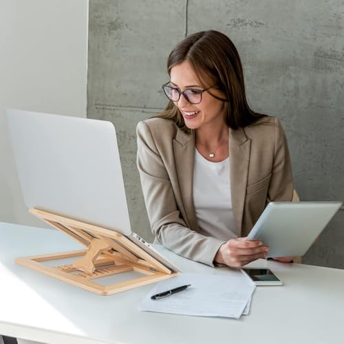 Image of Handmade Wooden Laptop Stand for Desk that is Compatible with iPad, MacBook Pro, Notebook, HP, and Dell Devices and has an Adjustable Height and Foldable Riser 15.6 inches at Most Natural