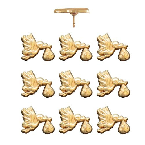 Image of Stork Carrying Baby Map Pins - Gold Stork Pins for Cork Boards, Maps, or Lapel Use - Designed in USA - Set of 10