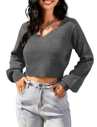 Image of ZAFUL Women's Cropped Sweater V-Neck Long Sleeve Pullover Jumper Knit Top | Crop Length, Ribbed Knit, Double V design, White sweater, Raglan sleeves, lantern sleeve, Fall & Winter, Loose fit, Oversized
