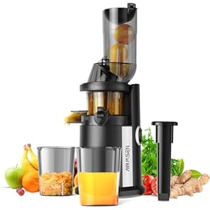 AIRMSEN Slow Juicer, Entsafter Gemüse und Obst mit 82mm Großem Einfüllöffnung für ganze Früchte entsaften, Max 450W BPA freie Cold Press Juicer Machine mit 2 Behälter und Bürste – Schwarz