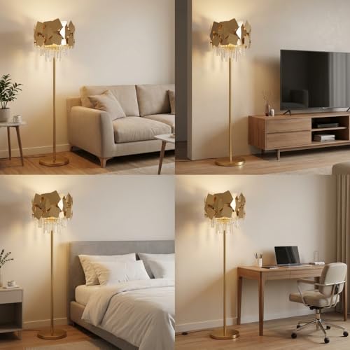 Image of Floor Lamp 3-Color CCT (Warm + Natural + Cold White) Gold Metal & Crystal Shade Standing Lamp for Living Room Bedroom Home Decor
