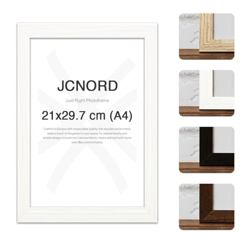 JCNORD Weißer MDF Holz Bilderrahmen A4 (21x29.7 cm) mit bruchsicherem Acrylglas | Moderner Fotorahmen für Wände und Tische