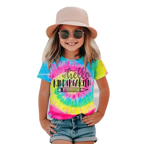 MODNTOGA Kid Girl Boy First Day of School Shirt Back to School T-Shirt Hello Kindergarten 1st 2nd 3rd Grade Graphic Tee Tops (Kindergarten Yellow Pink, 4-5 Years)