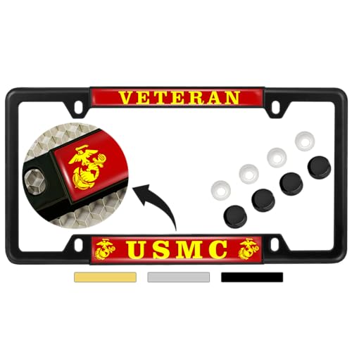 [Officially Licensed US Marine Corps Product] - Veteran USMC with EGA Emblem - Domed Custom-Made Personalized Thin Top 4-Hole Metal Car License Plate Frame with Free caps - Black Frame (Qty: 1)