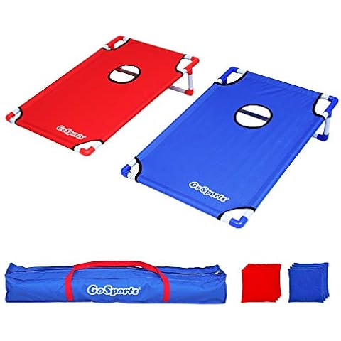 GoSports Portable PVC Framed Cornhole Game Set with 8 Bean Bags & Travel Carrying Case, Red; Blue Cover