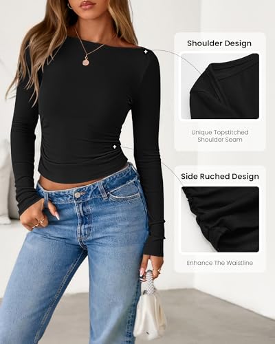 BTFBM Womens Long Sleeve Tops Fall Fashion 2025 Ribbed Slim Fit Y2K Boat Neck T Shirts Casual Going Out Workout Outfits3