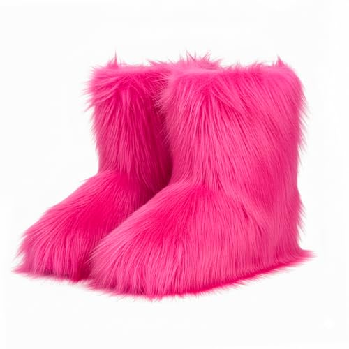 QLR Faux Fur Boots for Women Furry Fuzzy Fluffy Boots Round Toe Mid-Calf Winter Snow Boots Comfortable Outdoor Flat Shoes
