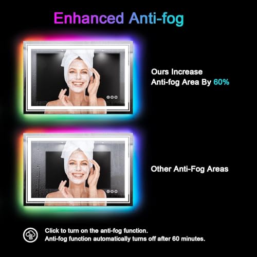 LED Mirror for Bathroom, 40"X30" with 8 RGB Backlit +3 Front Lit (Adjustable Individually), Anti-Fog, Lighted Bathroom Vanity Mirror for Wall, Shatterproof, Memory Function, Tempered Glass