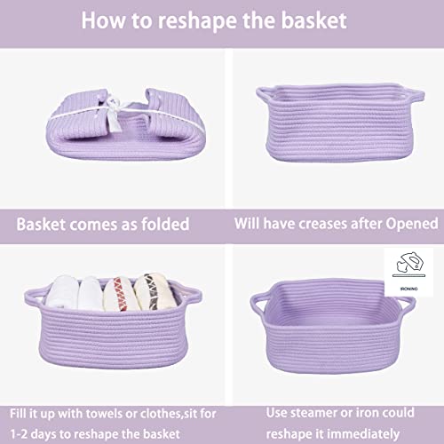 Image of XUANGUO Medium Woven Cotton Rope Storage Basket with Handles, Light Purple | Small decorative rectangle storage bin for baby nursery items and cat toys; ideal as an empty gift basket or dog toy basket