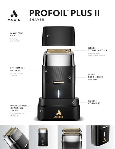 Image of Andis 563616 Pro Foil Plus II Cordless Shaver, Gold Titanium Foils, Lithium Ion Battery, Includes USB-C Charging Stand, Black