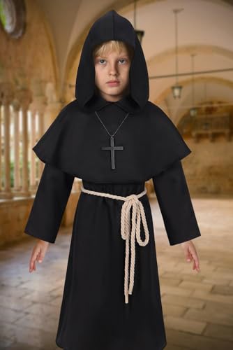 Disfraz completo infantil rentable de monje medieval con capucha miniatura 6