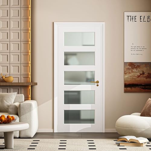 5-Lite Frosted Glass Interior French Door Slab, Solid Core Wood