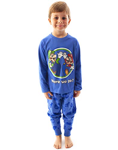 Super Mario Pyjamas For Boys | Luigi Long Sleeve Kids Blue T-Shirt & Trousers PJS Set | Gamer Clothing Merchandise