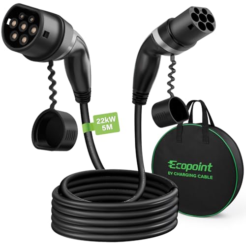 ECOPOINT Typ 2 Ladekabel für Elektrofahrzeuge, 22 kW, tragbares 3-Phasen 32A,Mennekes Mode 3 Ladekabel für EV und PHEV (5M Gerades Kabel)