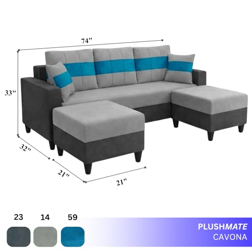 Image of Cavona 5 Seater L Shape Sofa Set with 2 Movable Ottomans | Flexible Layout | Luxury Velvet Suede Fabric | Modern Living Room Sofa | Dark Grey-Light Grey-Aqua Blue