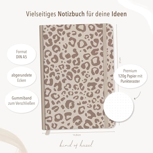 kind of hazel® Notizbuch A5 mit Punktraster 160 Seiten Dotted Journal Hardcover starkes Papier Fadenheftung Lesebändchen Gummibandverschluss Design Leo