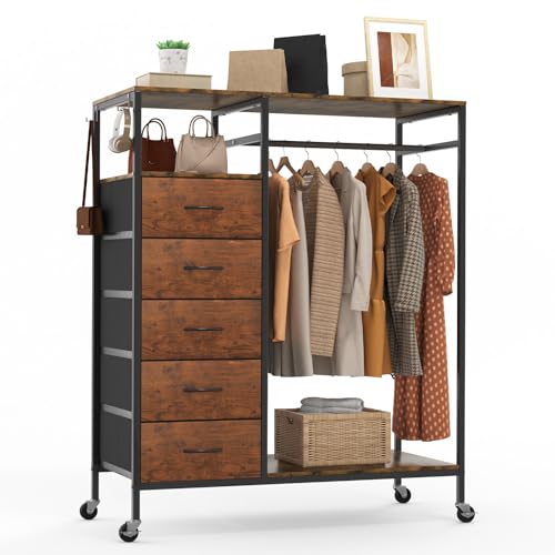 HOKEEPER Kleiderständer Offener Kleiderschrank Kleiderständer auf Rollen Kleiderstange Fahrbarer Kleiderständer mit Schubladen Clothes rack Haken Braun