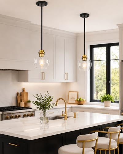 Image of Pendant Lights Kitchen Island 2 Pack, 7 inch Black and Gold Hanging Lights Fixtures with Clear Glass Globe Shade, Modern Kitchen Island Lighting for Bathroom, AD-22280-1P2-KG