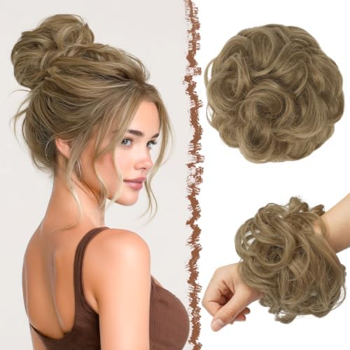FESHFEN Large Messy Bun Hair Piece - Wavy Synthetic Chignon Scrunchies Elastic Ponytail Hair Extensions Thick Hairpieces for Women, Light Brown mix Natural Blonde 1.94oz