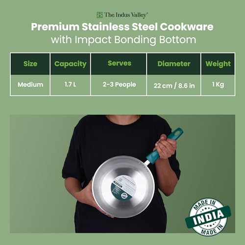 Image of The Indus Valley Stainless Steel Impact Bonded Fry Pan 22cm / 1.7 litres | 3-Layer Thick Bottom | Induction-Friendly Cookware | Heat-Resistant Handle | Toxin-Free | No Chemical Coating