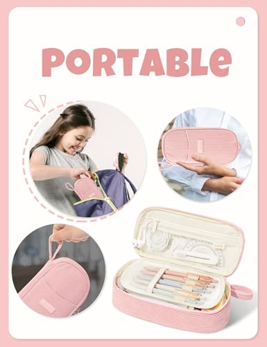 Image of SUNEE Cute Pencil Case, Large Pencil Pouch, Aesthetic Big Pencil Bag with Zipper, Kawaii Stationery Storage and Organizer, Soft Corduroy Bag School Supplies for Teen and Adult, Boys&Girls, Soft Pink