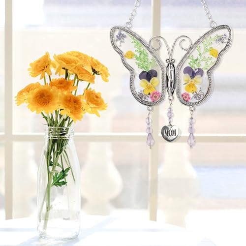 Butterfly Gifts for Mom Mother Real Flowers Wind Chimes Indoor Room Decor Unique Birthdays Gifts for Mom Christmas Butterfly Gift for Women Blue Flowers