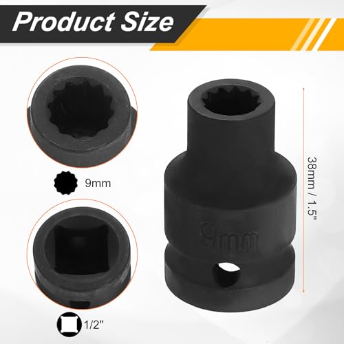 Image of HARFINGTON 2pcs 1 /2 inch Drive x 9mm Shallow Impact Socket 12-Point Metric CR-V Steel Spindle Nut Impact Flip Sleeve for Home Auto Nuts Bolts Repair