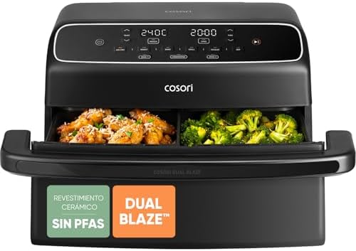 Cosori Air Fryer Dual Blaze Twinfry Compact 8,6 Litros, Freidora de Aire con Doble Resistencia, Revestimiento Cerámico sin PFAS, Airfryer Grande de Doble Cesta con Divisor, Multicocina 6 en 1, 2700W