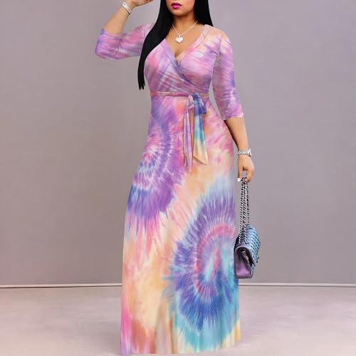 Image of PinkPatty Women's Print Maxi Dresses 3 /4 Sleeve Flowy Long Dress V Neck Wrap Tie Waist Sundress
