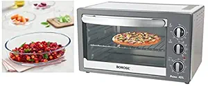 Borosil Prima 42 L OTG, With Motorised Rotisserie And Convection, 2000 W, 6 Stage Heating Function, Silver & Oval Baking Dish, 1.6 litres, Transparent Combo