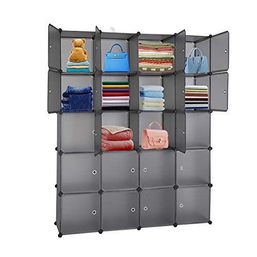 AMOPA 20 Cube Organizer Stackable Plastic Cube Storage Shelves Design Multifunctional Modular Closet Cabinet with Hanging Rod Gray, Grey