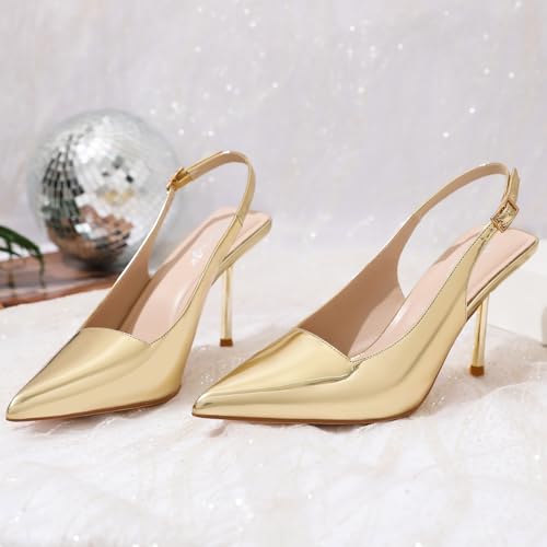 Image of RIBONGZ Sexy Slingback Pumps Elegant Dressy Heels for Women Closed Toe Pointy High Heels Wedding Bride Prom Party Evening Shoes