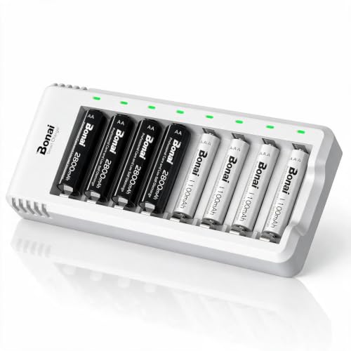 BONAI Cargador de Pilas Ni-MH Recargables con 4 Piezas 2800mAh AA y 4 Piezas 1100mAh AAA Ni-MH Baterías Recargables con Puerto USB