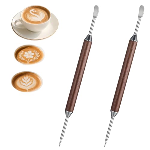 Oruola 2 Pack Coffee Art Pen,Stainless Steel Coffee Art Tools,Lattes Arts Tools with Wood Handle, Barista Accessories, for Espresso Designs, Home and Cafe Use