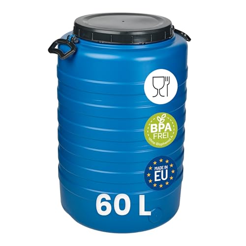Garronda 60 L Bidon Agua Barril de Plástico HDPE con Grifo como Contenedor y Deposito Agua y Alimentos para Almacenamiento, Fermentación y Recogida de Lluvia GD-0186 Azul