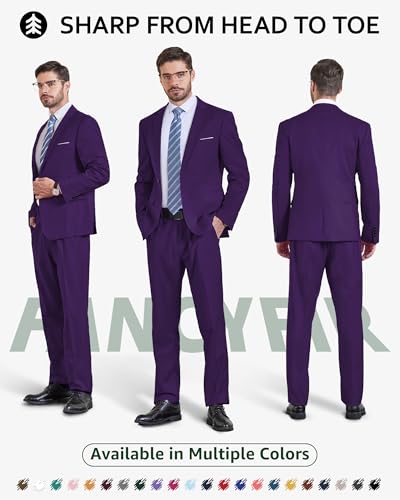 Men's Slim Fit 2 Piece Suit with Tie, One Button Solid Jacket and Pants for Business Weddings Party2
