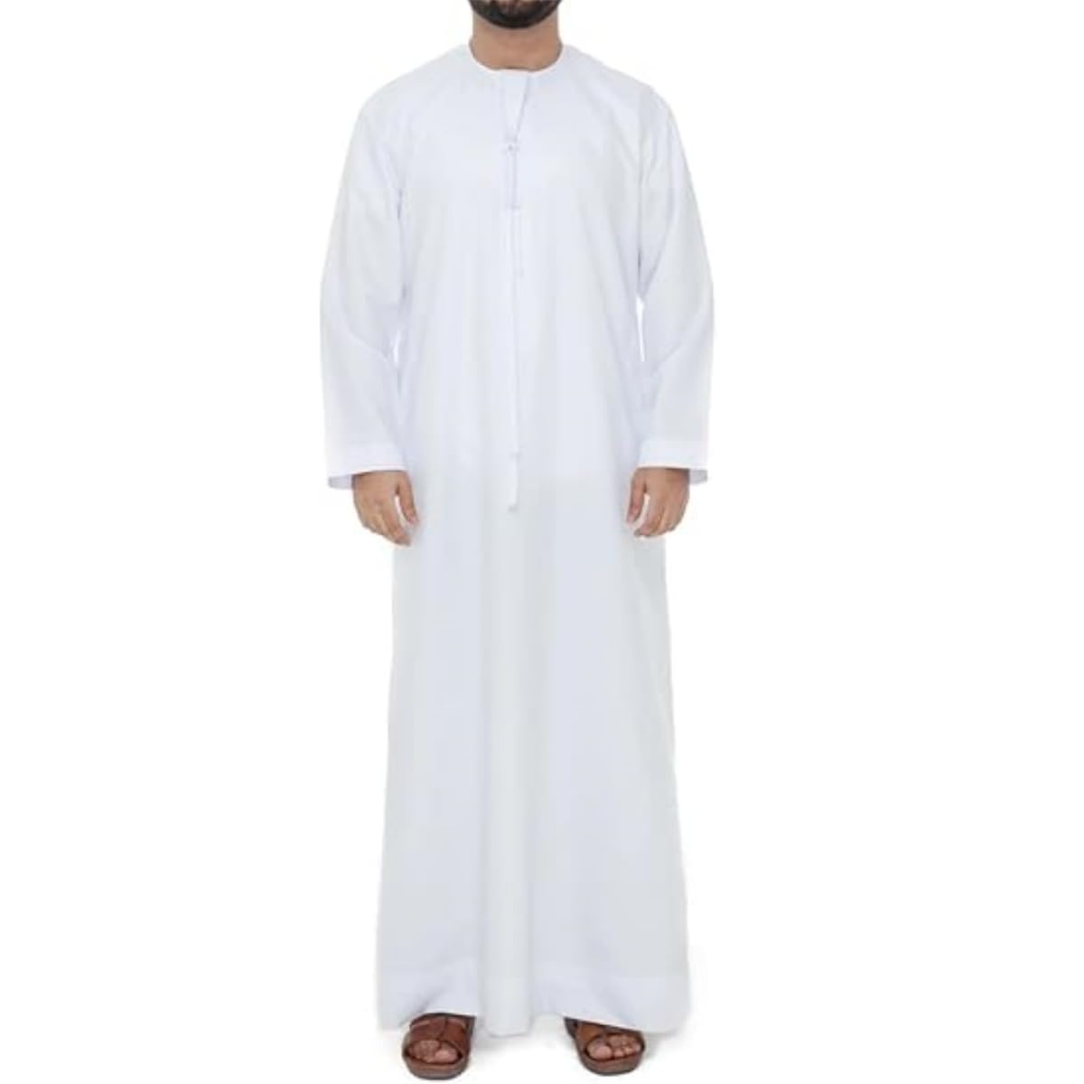 Men's Emarati Thobe, White Crew Neck Muslim Kandura, Long Sleeves Traditional Arabic Dishdasha, Hand Stitched Ramadan Middle East Ethnic Clothes Cuff Sleeve Daily Wear Islamic Clothing