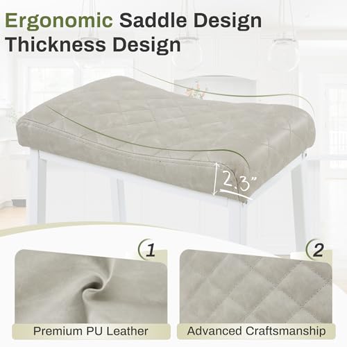 Butacos de Barra Altos para Cocina, Juego de 4, Asiento en Cuero Sintético PU con Diseño de Silla de Montar y Patas Metálicas Blancas, Color Beige Claro Gris miniatura 3