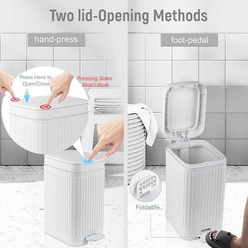 Image of rejomiik Small Bathroom Trash Can with Lid Slim Soft Close Garbage Can Step Wastebasket Container Trash Bin for Office Bedroom Kitchen Living Room (2.6 Gallon White)