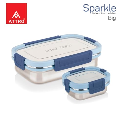 Image of ATTRO Sparkle Big Stainless Steel Lunch Box 2-Piece Set - 900ml + 200ml - Leak-Proof, BPA-Free, Compact & Durable - Ideal for Kids, Office, Travel - Blue