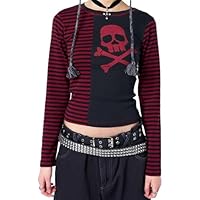 Gyaru Style 2000s Scenecore Style Clothes Bold Skull Printings with Skull Pattern Y2K Emo Grunge Shirt Harajuku Outfit (Black and red,Small)